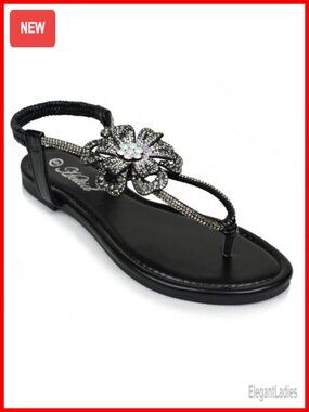 Rhinestone Flower T-Strap Thong Flat Sandals Wedding Dressy Sandals